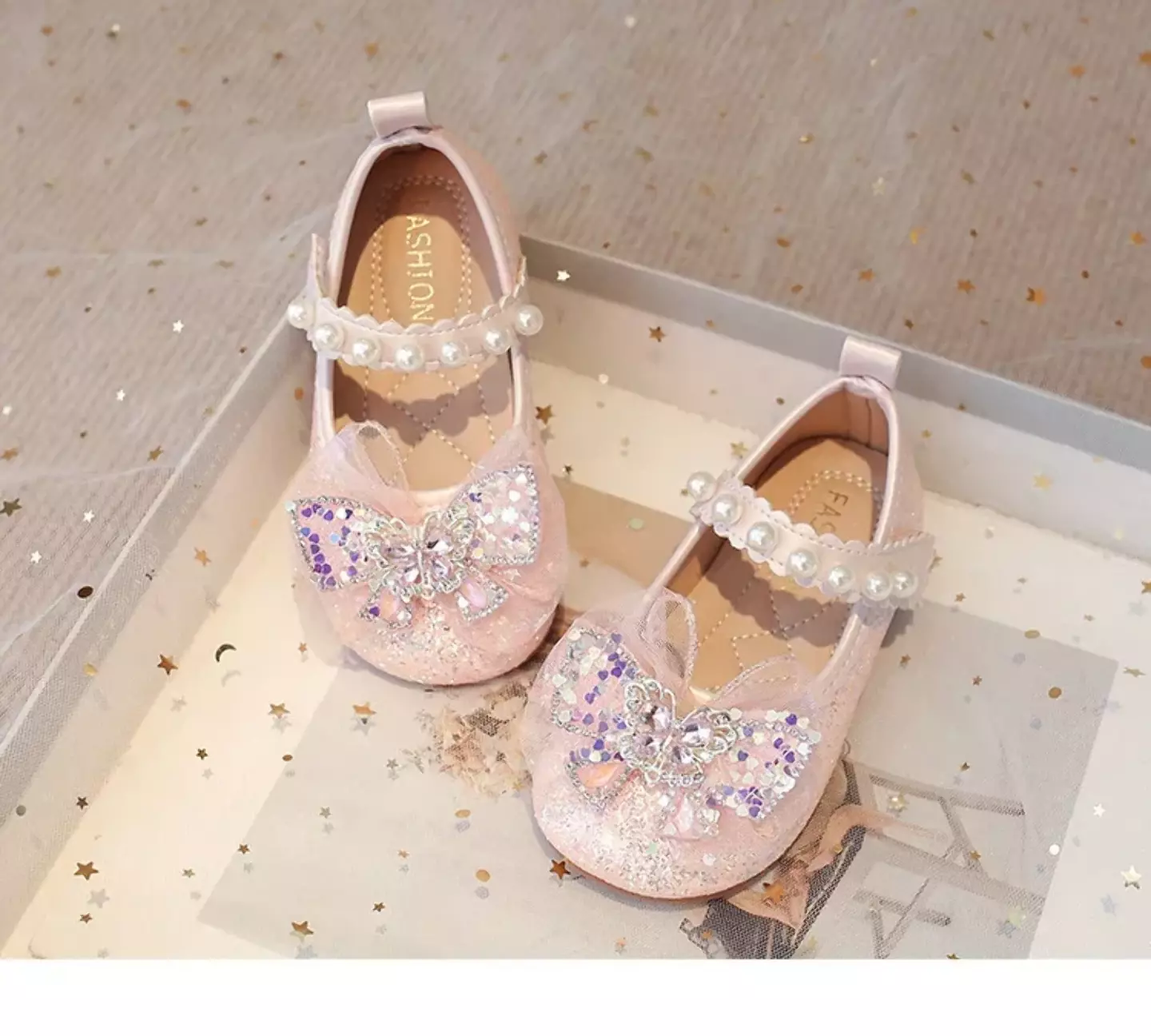 Baby, Toddler, Young Girls & Girls Pink Gem Butterfly Sheer Bow Pearl Strap Flats | Lucys 11945
