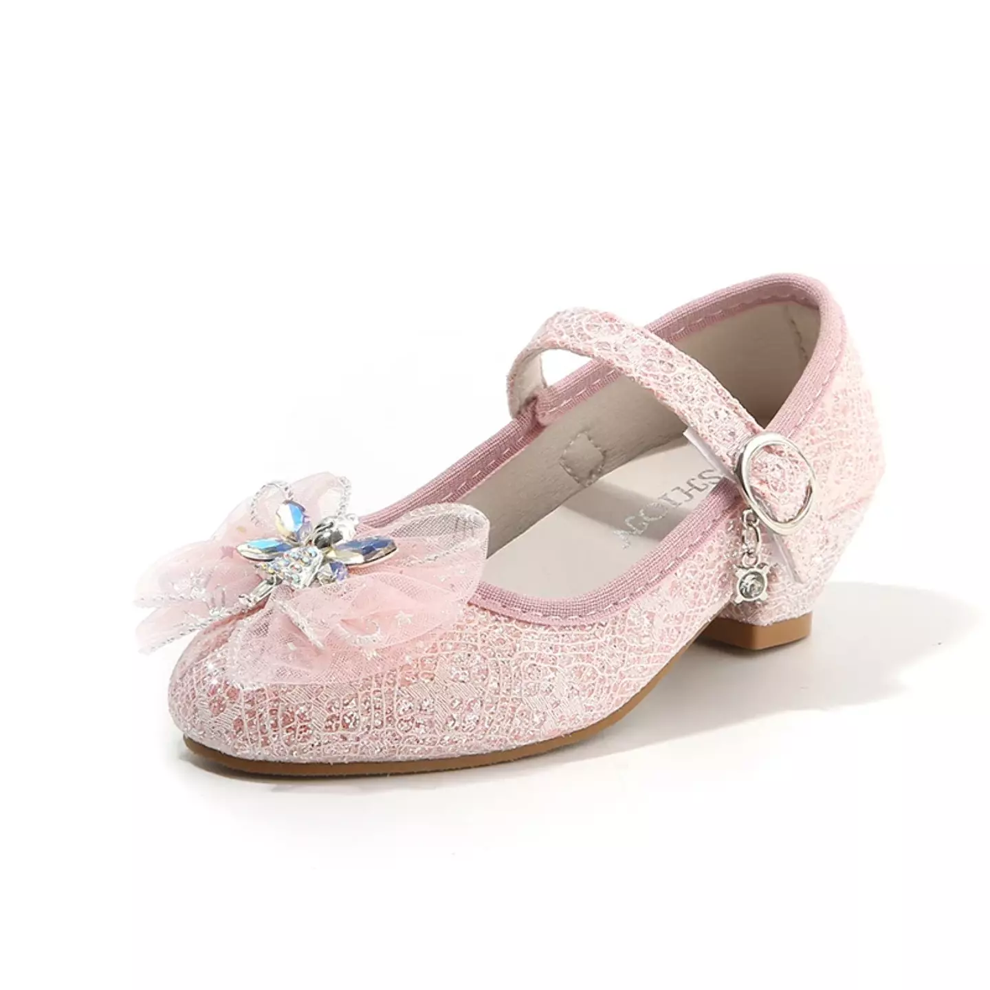 Young Girls & Girls Peach Pink Crystal Star Bow Block Heel Shoes | Lucys 11952
