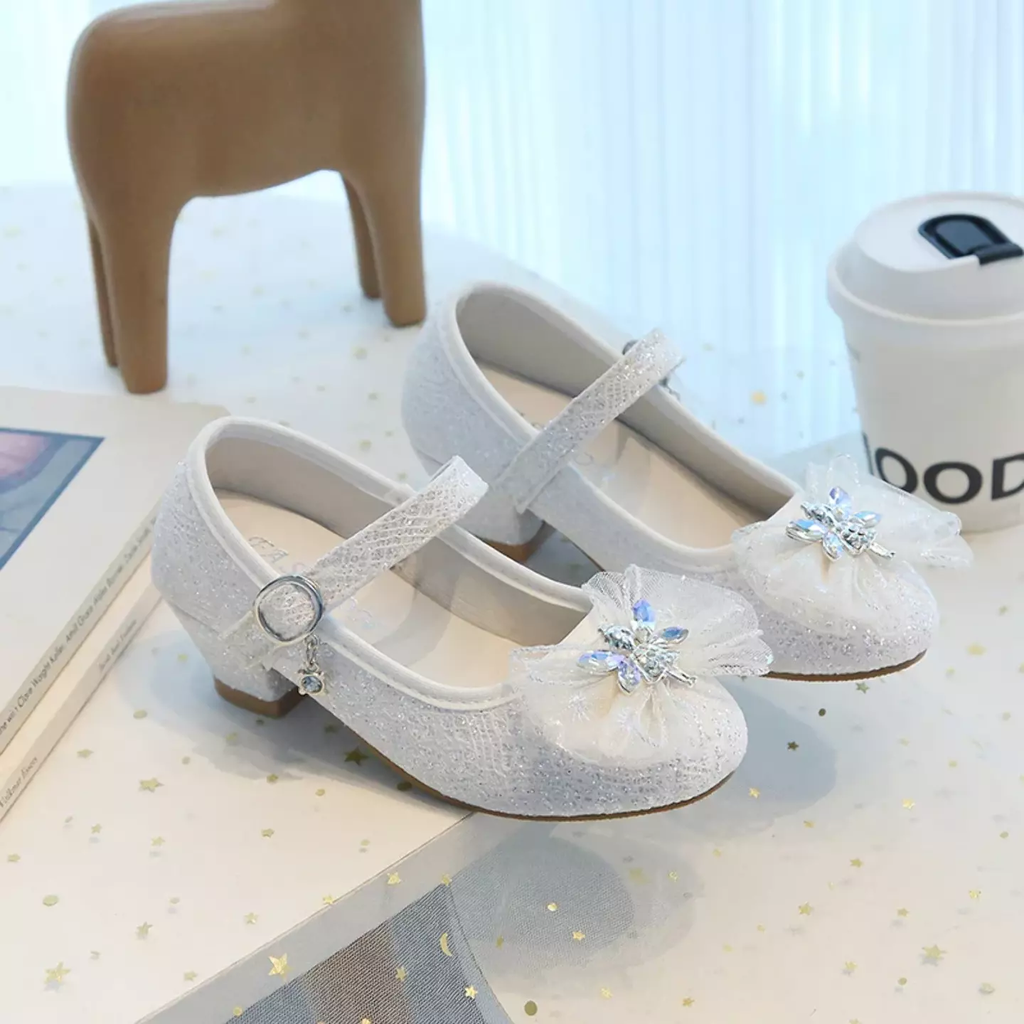 Young Girls & Girls Ivory Crystal Star Bow Block Heel Shoes | Lucys 11954