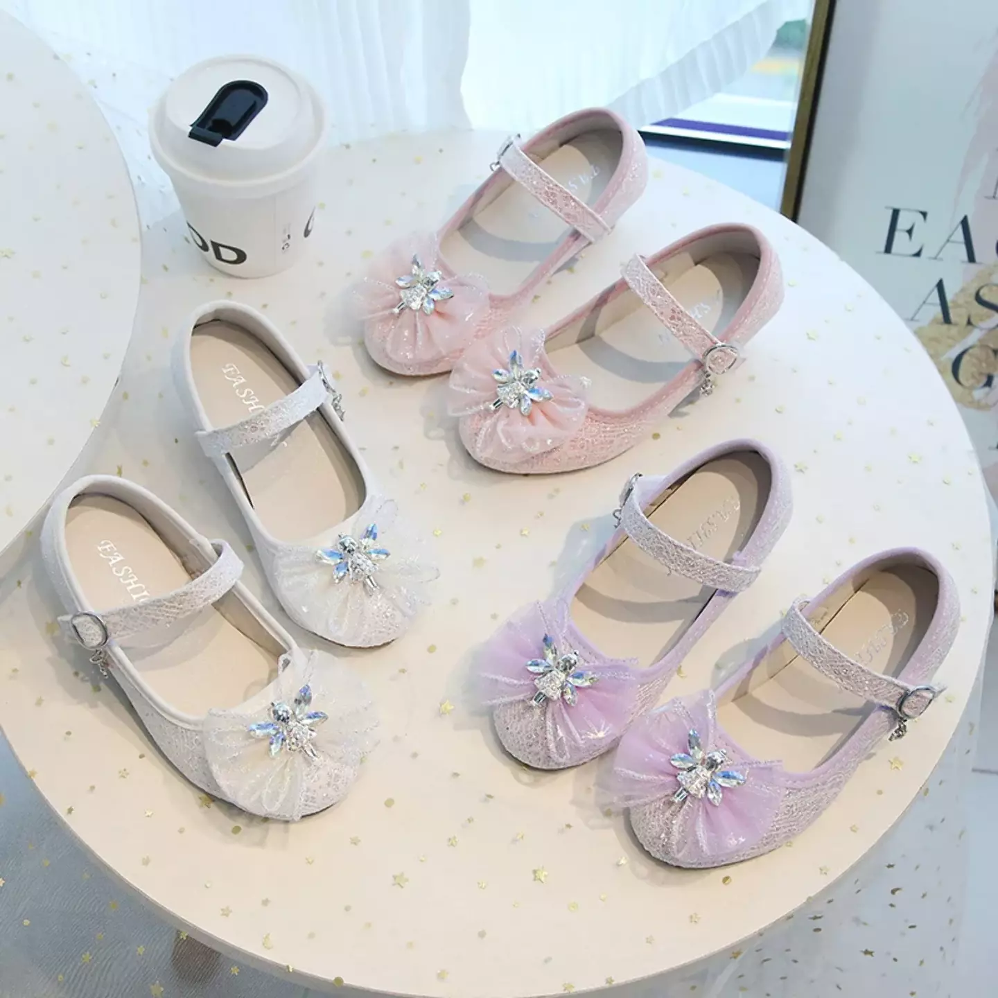 Young Girls & Girls Ivory Crystal Star Bow Block Heel Shoes | Lucys 11954