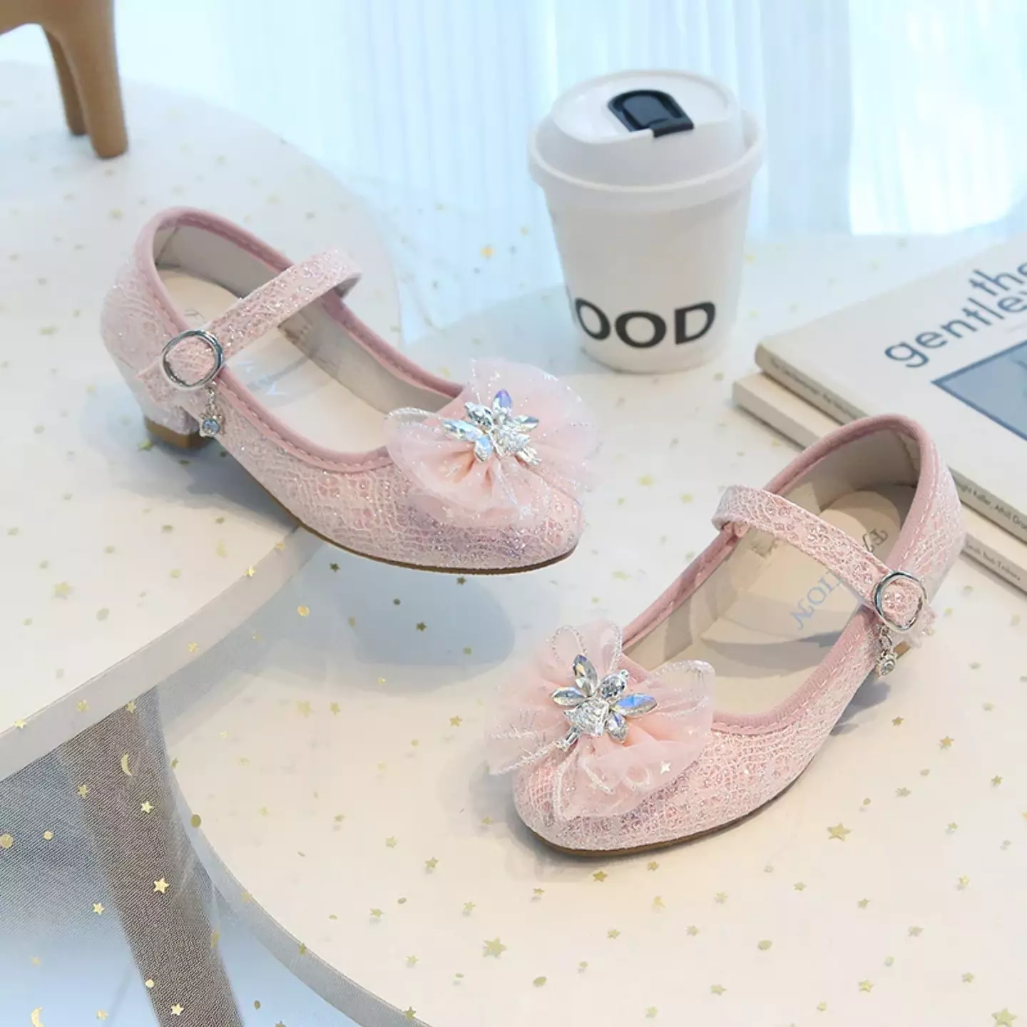Young Girls & Girls Peach Pink Crystal Star Bow Block Heel Shoes | Lucys 11952