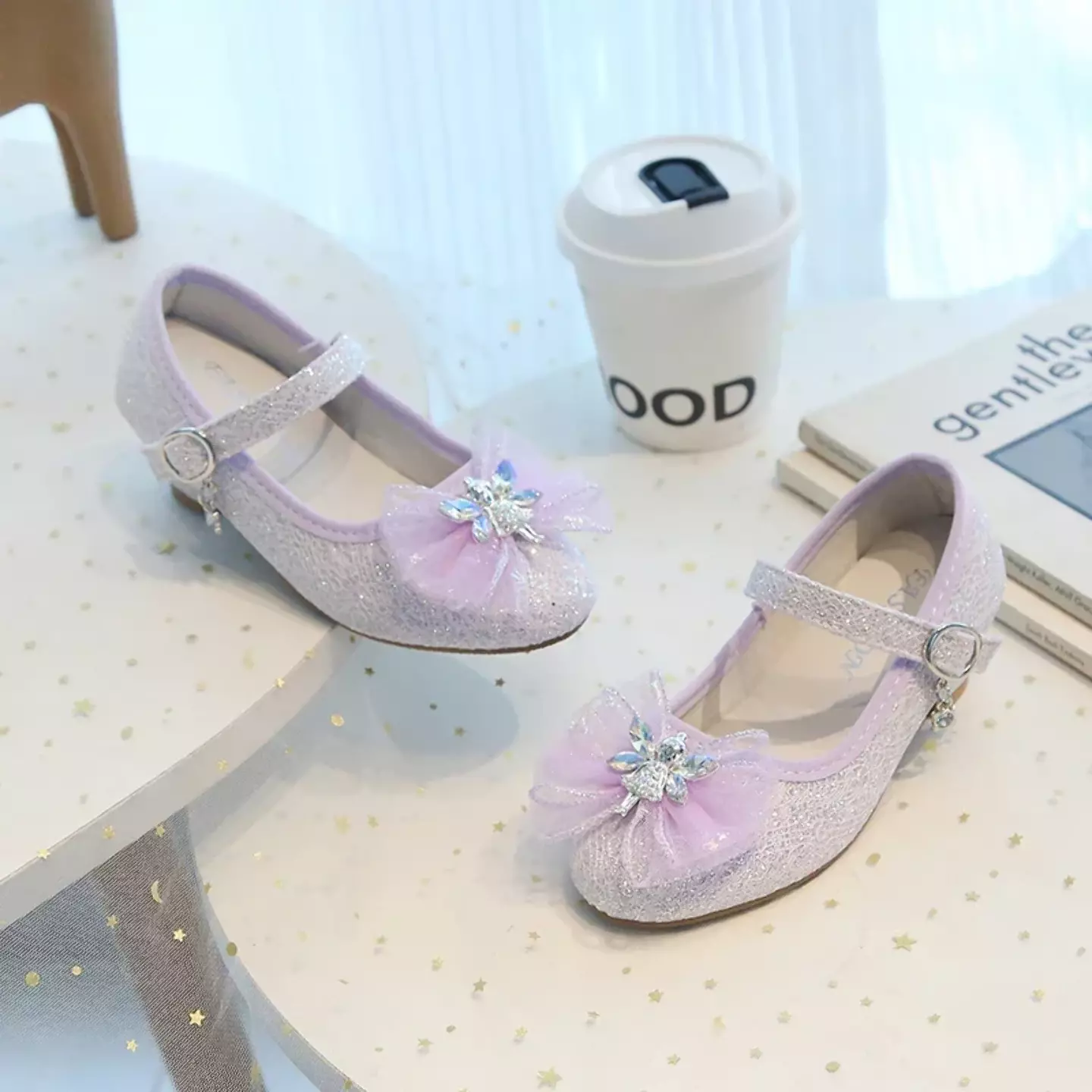 Young Girls & Girls Lavender Crystal Star Bow Block Heel Shoes | Lucys 11953