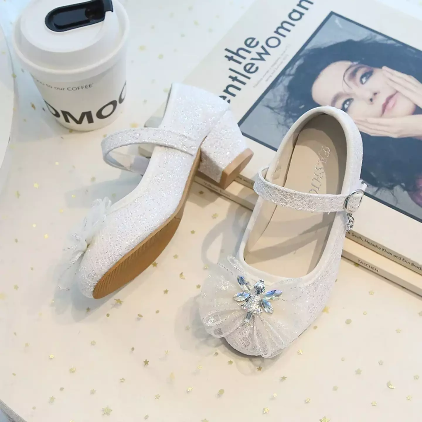 Young Girls & Girls Ivory Crystal Star Bow Block Heel Shoes | Lucys 11954