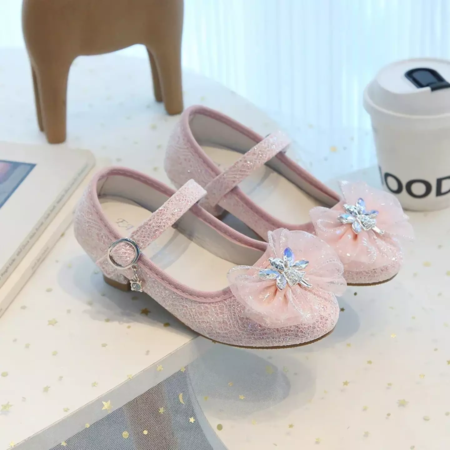 Young Girls & Girls Peach Pink Crystal Star Bow Block Heel Shoes | Lucys 11952