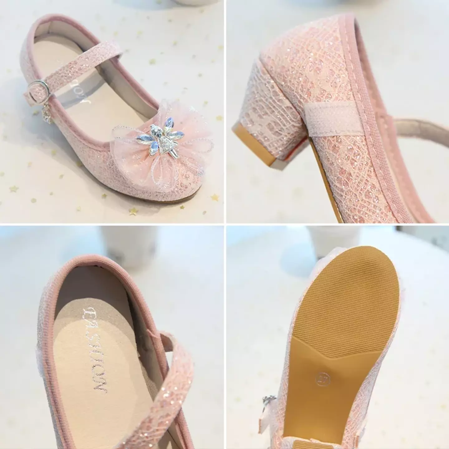 Young Girls & Girls Peach Pink Crystal Star Bow Block Heel Shoes | Lucys 11952