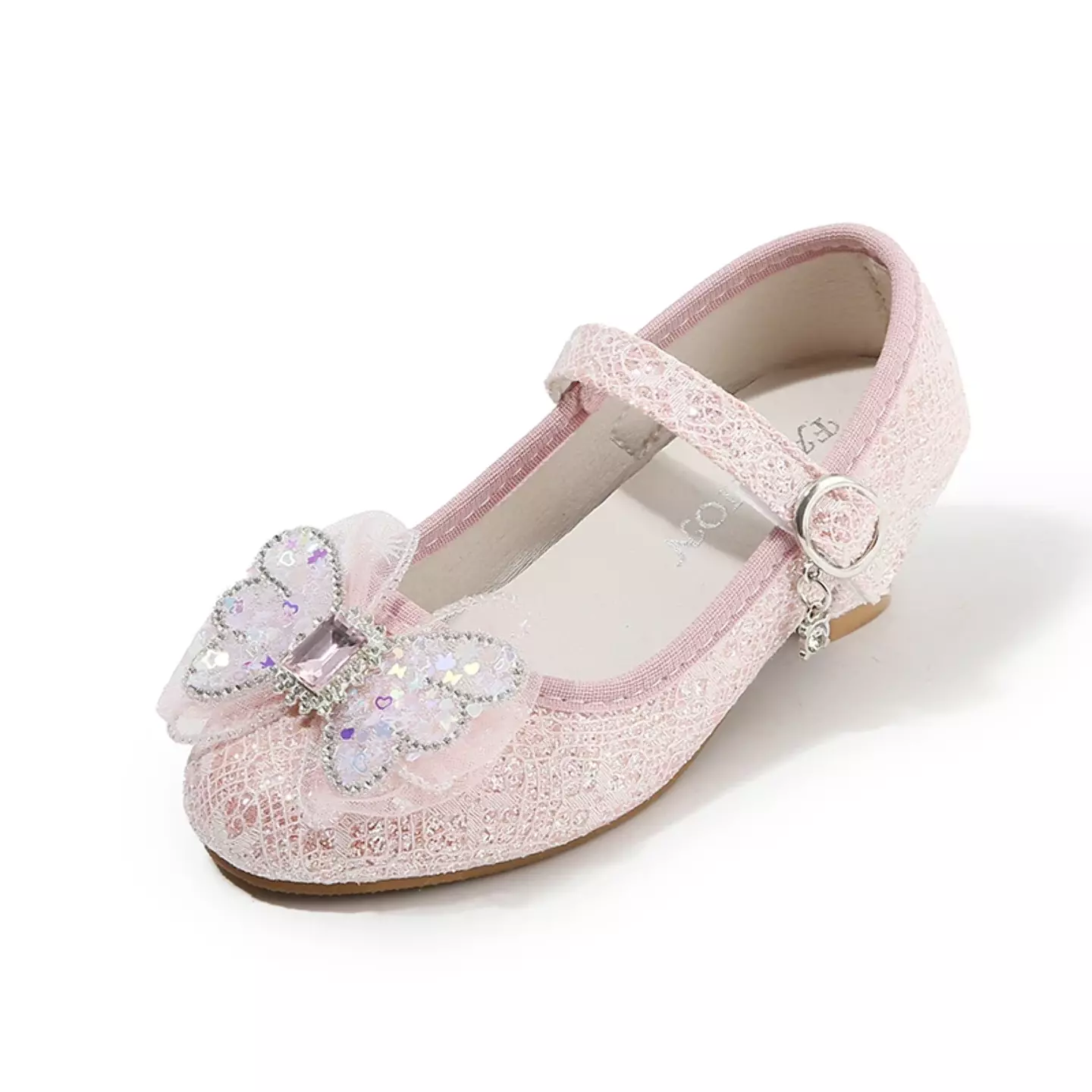 Young Girls & Girls Peach Pink Faceted Butterfly Bow Block Heel Shoes | Lucys 11964