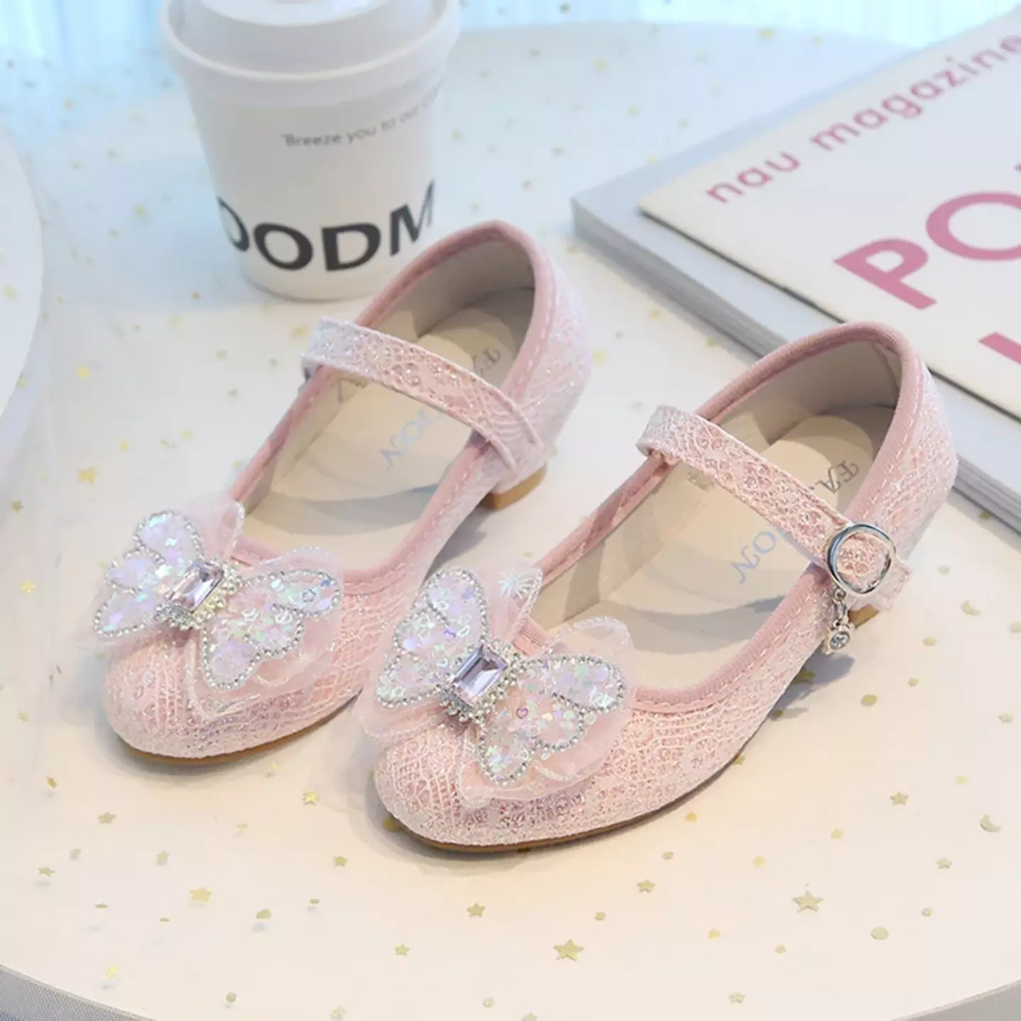 Young Girls & Girls Peach Pink Faceted Butterfly Bow Block Heel Shoes | Lucys 11964