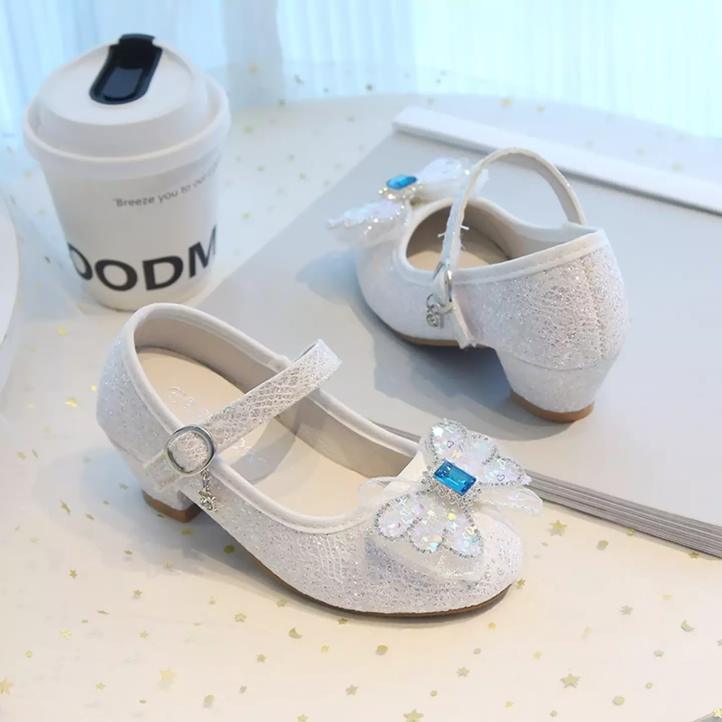 Young Girls & Girls Ivory Faceted Butterfly Bow Block Heel Shoes | Lucys 11966