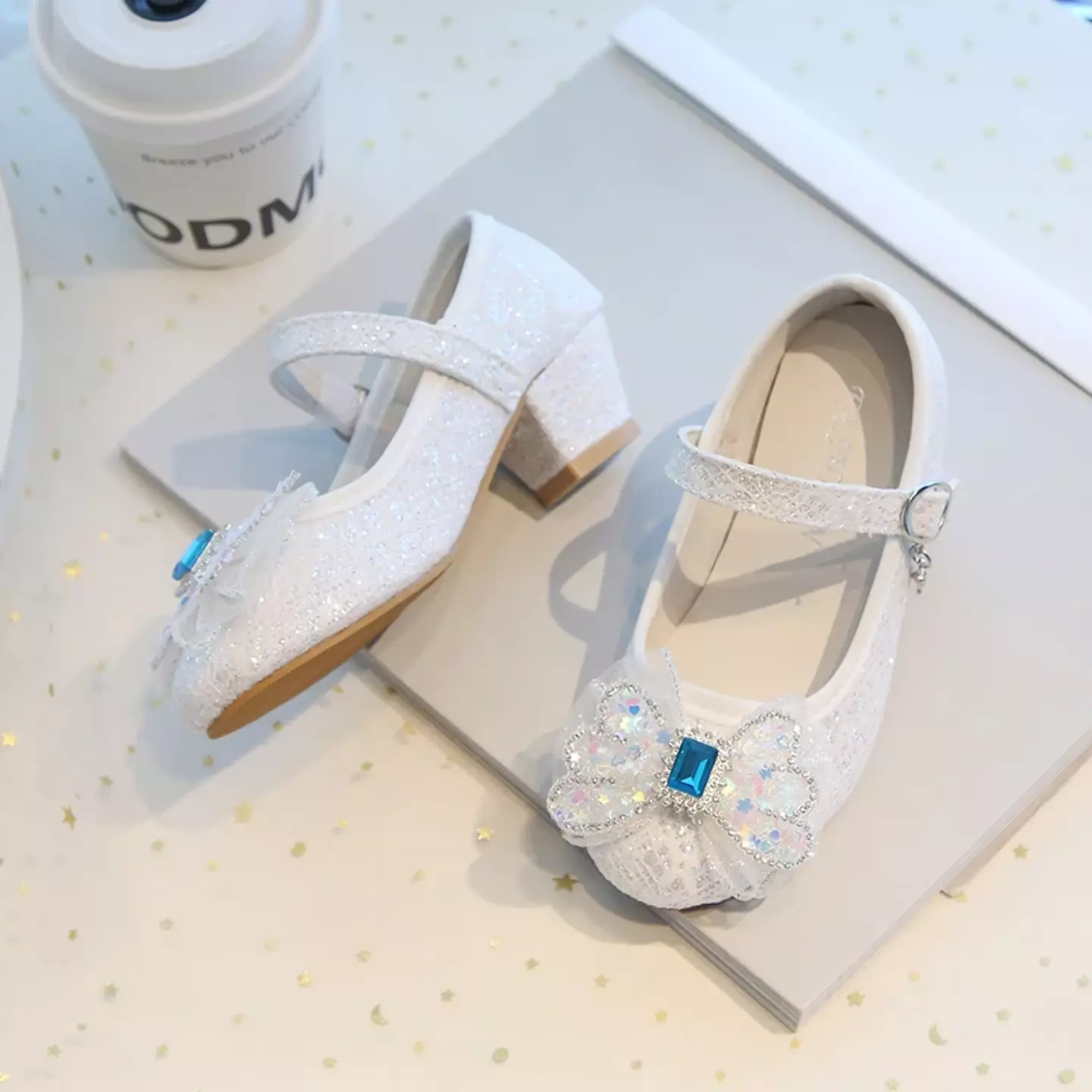 Young Girls & Girls Ivory Faceted Butterfly Bow Block Heel Shoes | Lucys 11966