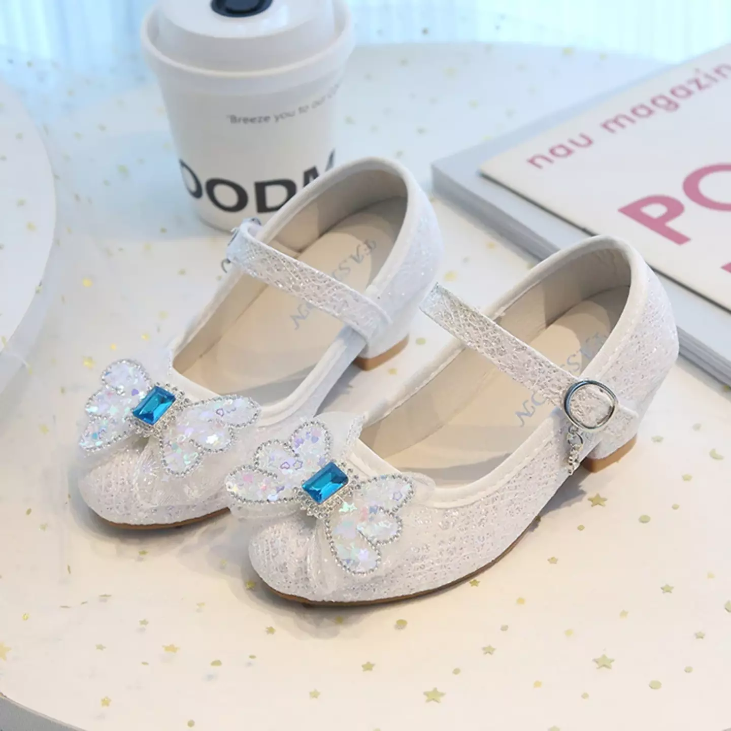 Young Girls & Girls Ivory Faceted Butterfly Bow Block Heel Shoes | Lucys 11966