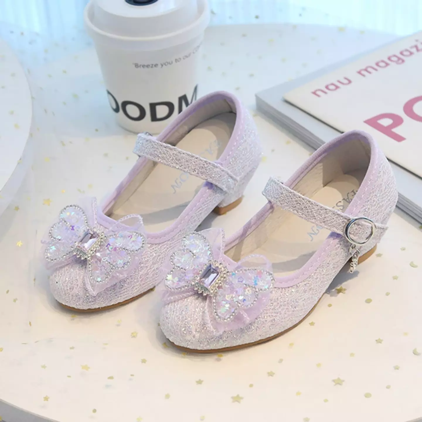 Young Girls & Girls Lavender Faceted Butterfly Bow Block Heel Shoes | Lucys 11965