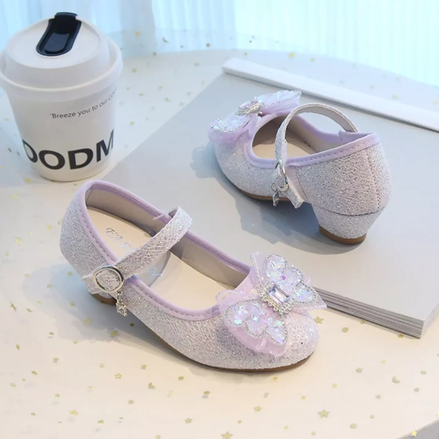 Young Girls & Girls Lavender Faceted Butterfly Bow Block Heel Shoes | Lucys 11965