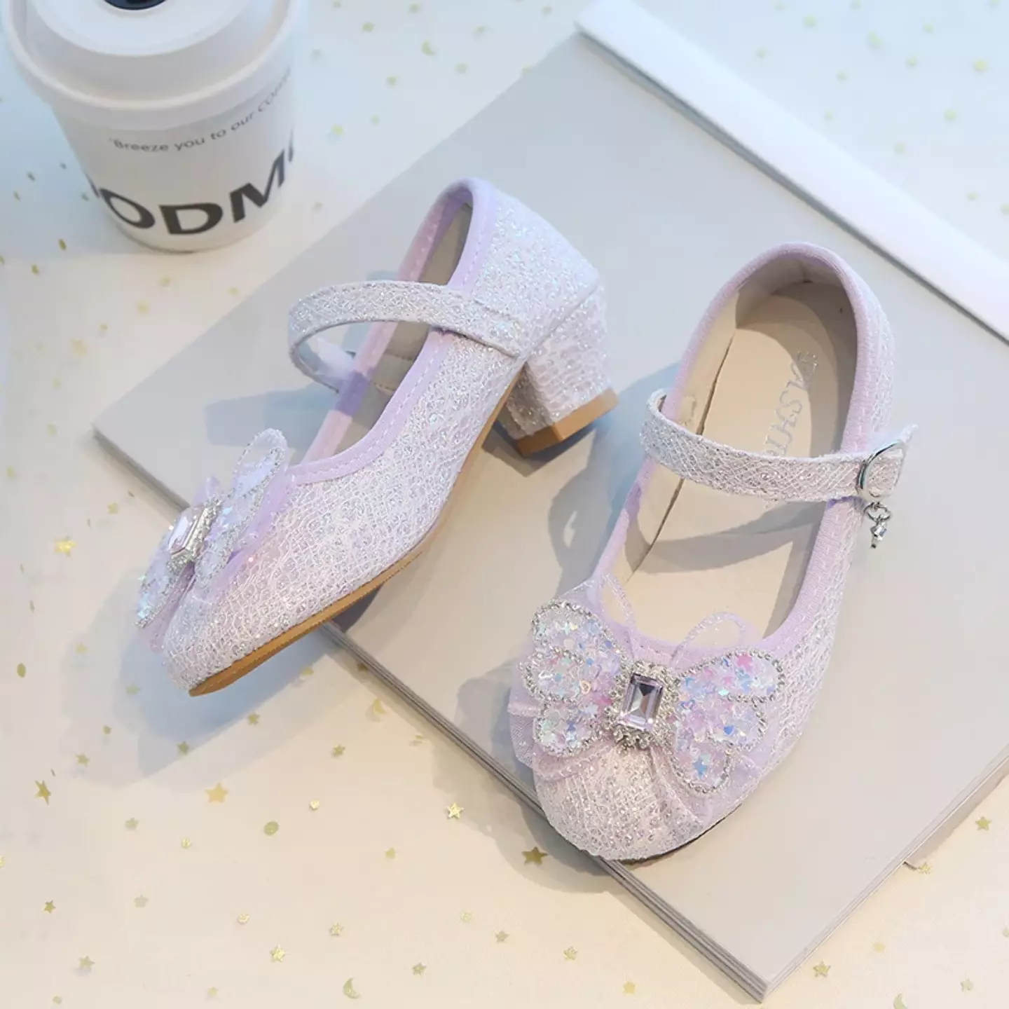 Young Girls & Girls Lavender Faceted Butterfly Bow Block Heel Shoes | Lucys 11965