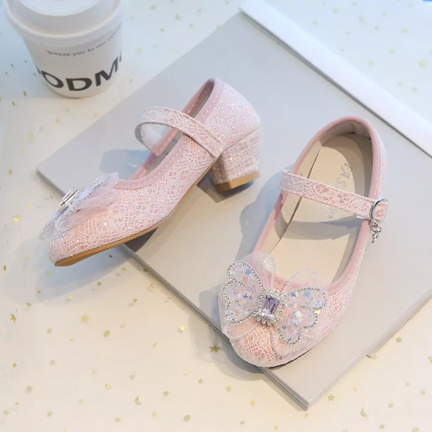 Young Girls & Girls Peach Pink Faceted Butterfly Bow Block Heel Shoes | Lucys 11964