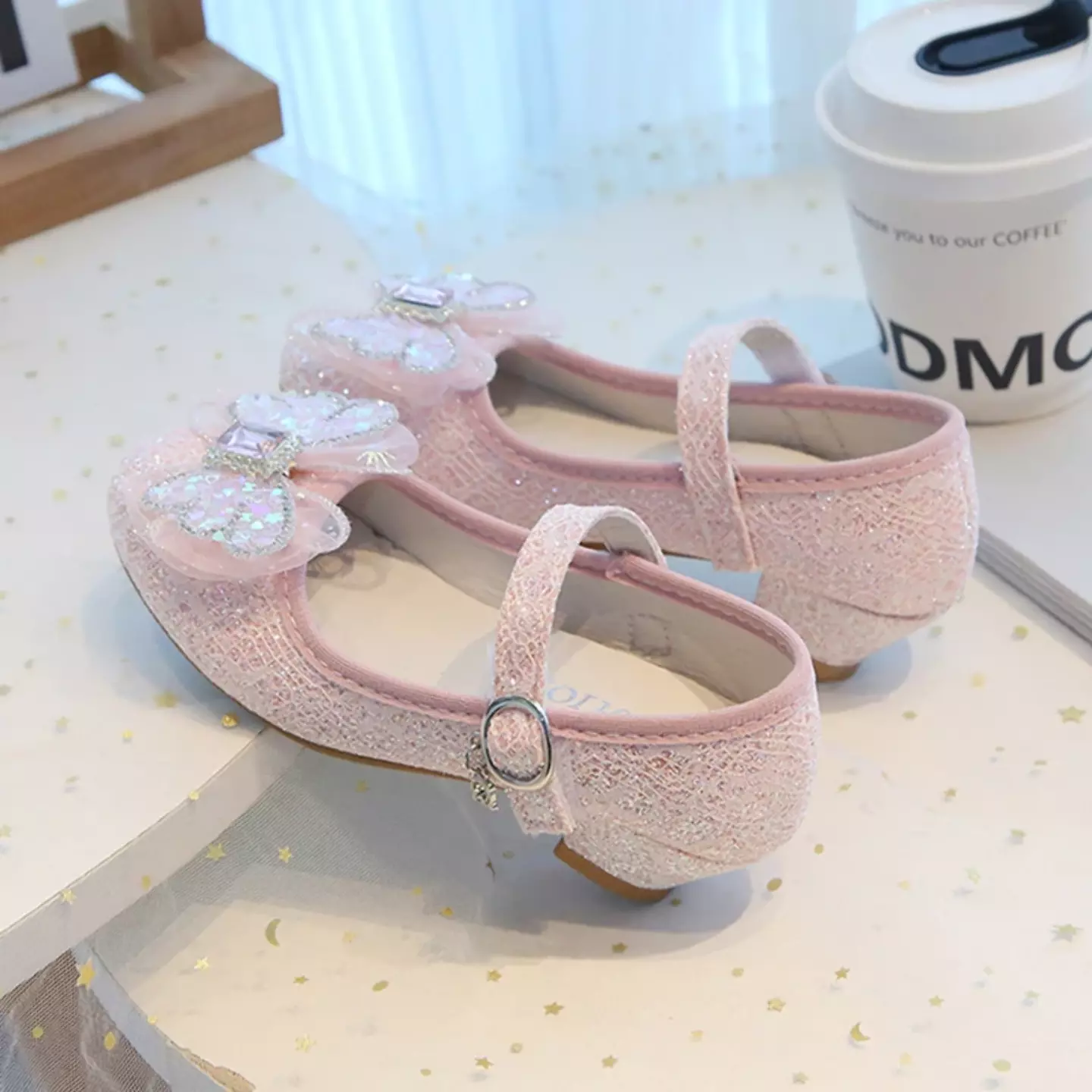 Young Girls & Girls Peach Pink Faceted Butterfly Bow Block Heel Shoes | Lucys 11964