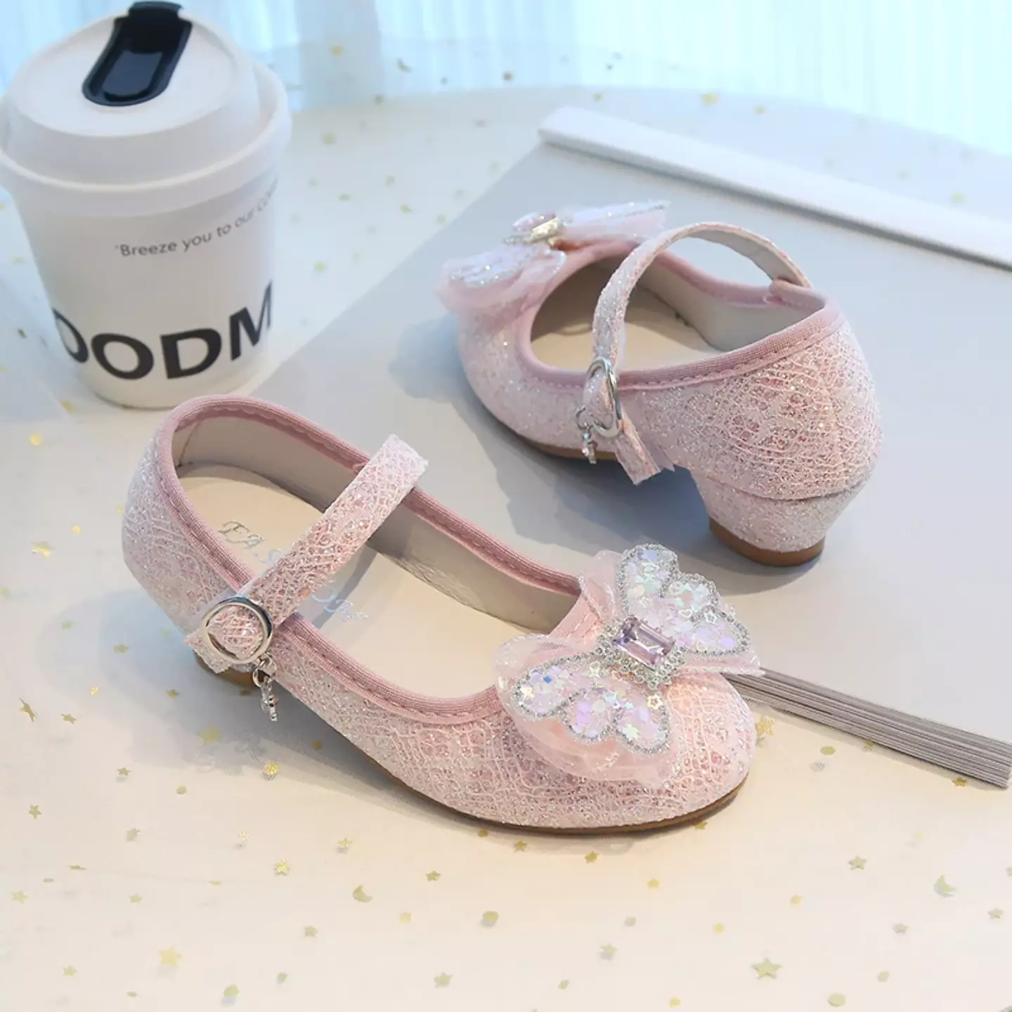 Young Girls & Girls Peach Pink Faceted Butterfly Bow Block Heel Shoes | Lucys 11964