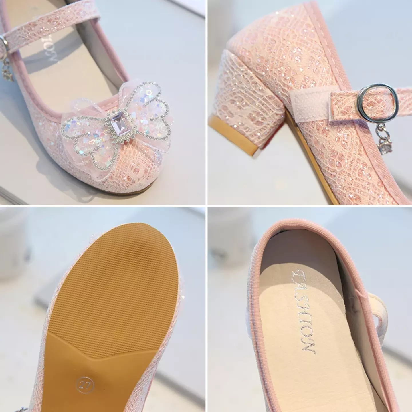 Young Girls & Girls Peach Pink Faceted Butterfly Bow Block Heel Shoes | Lucys 11964