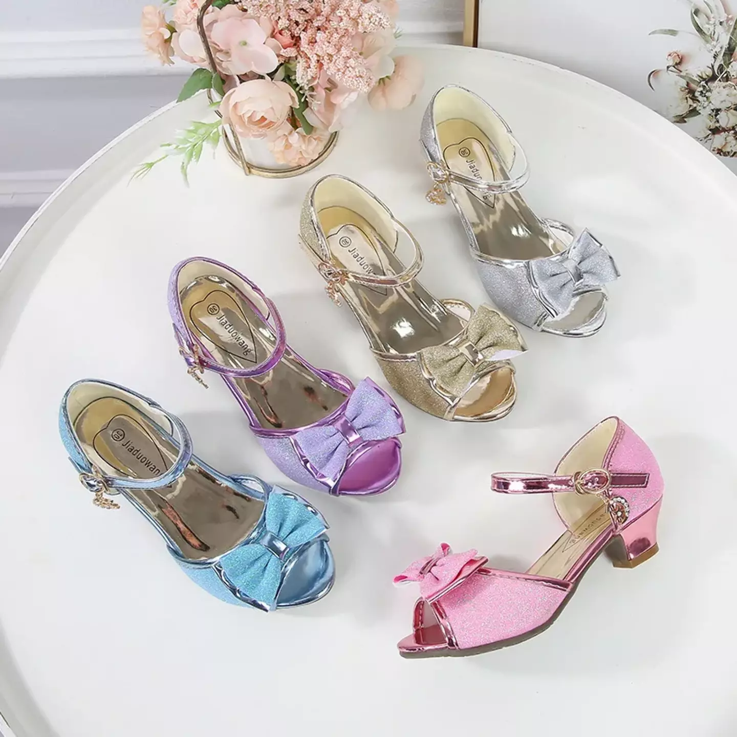 Young Girls & Girls Blue Crescent Charm Glitter Bow Peep Toe Shoes | Lucys 11997
