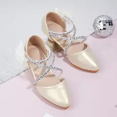 Young Girls & Girls Champagne Wave Strap Flower Pointed Dress Shoes | Lucys 12014