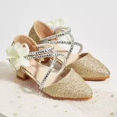 Young Girls & Girls Gold Wave Strap Flower Pointed Dress Shoes | Lucys 12013