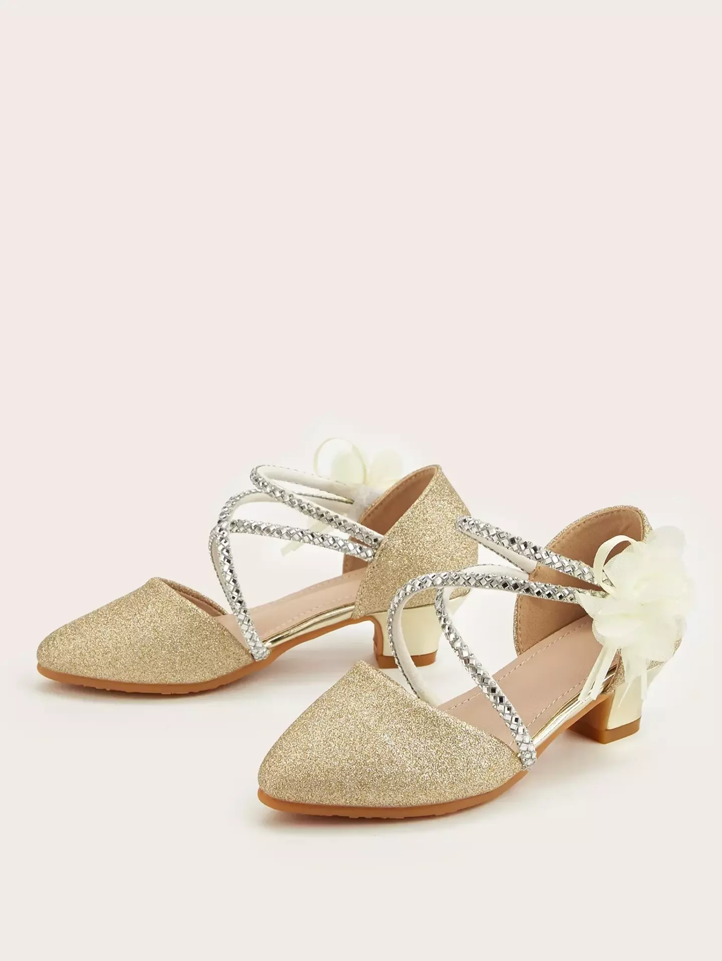 Young Girls & Girls Gold Wave Strap Flower Pointed Dress Shoes | Lucys 12013