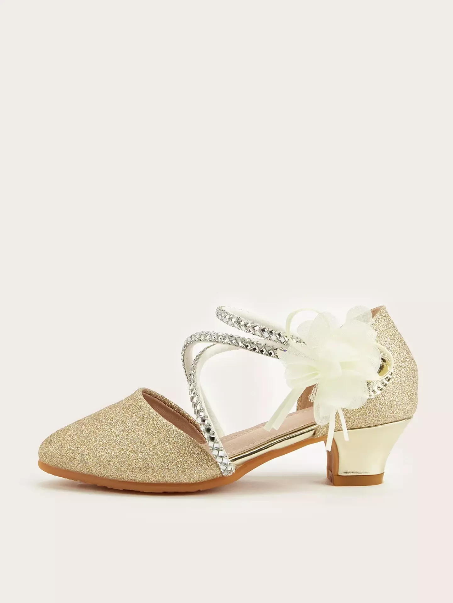 Young Girls & Girls Gold Wave Strap Flower Pointed Dress Shoes | Lucys 12013