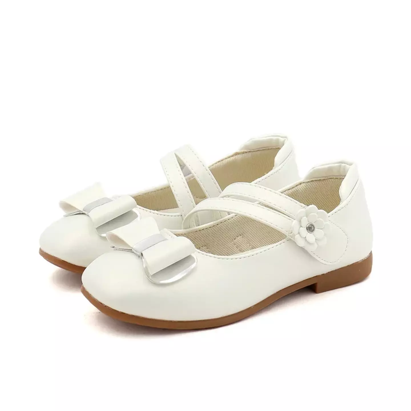 Young Girls & Girls Ivory Double Strap Loop Bow Dress Shoes | Lucys 12024