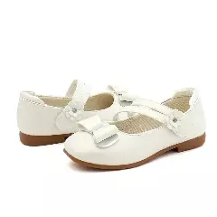 Young Girls & Girls Ivory Double Strap Loop Bow Dress Shoes | Lucys 12024