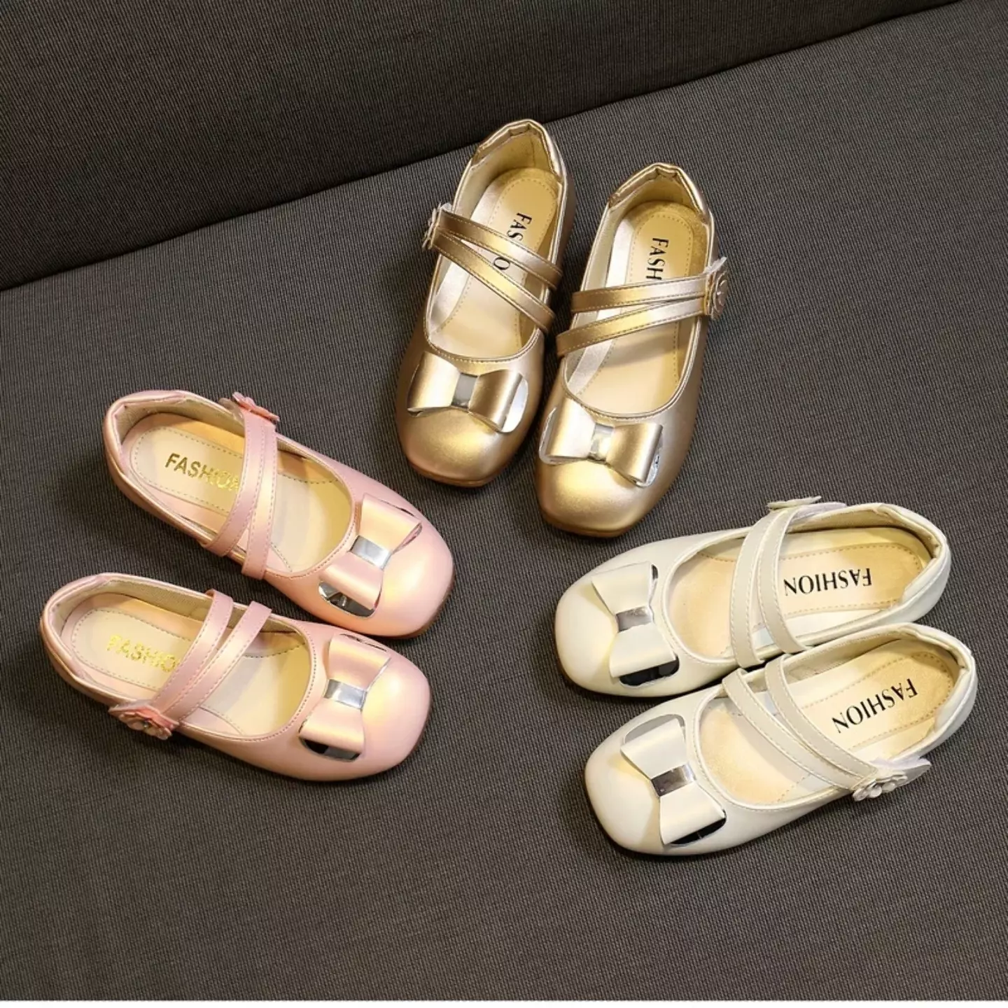 Young Girls & Girls Pink Double Strap Loop Bow Dress Shoes | Lucys 12025