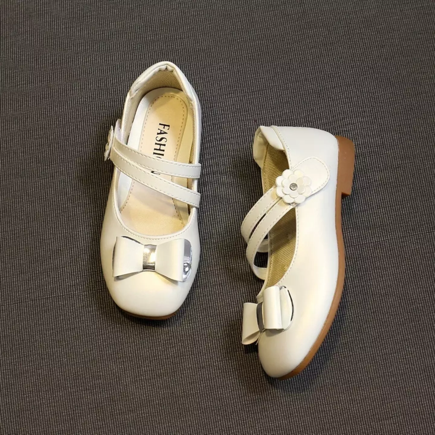 Young Girls & Girls Ivory Double Strap Loop Bow Dress Shoes | Lucys 12024