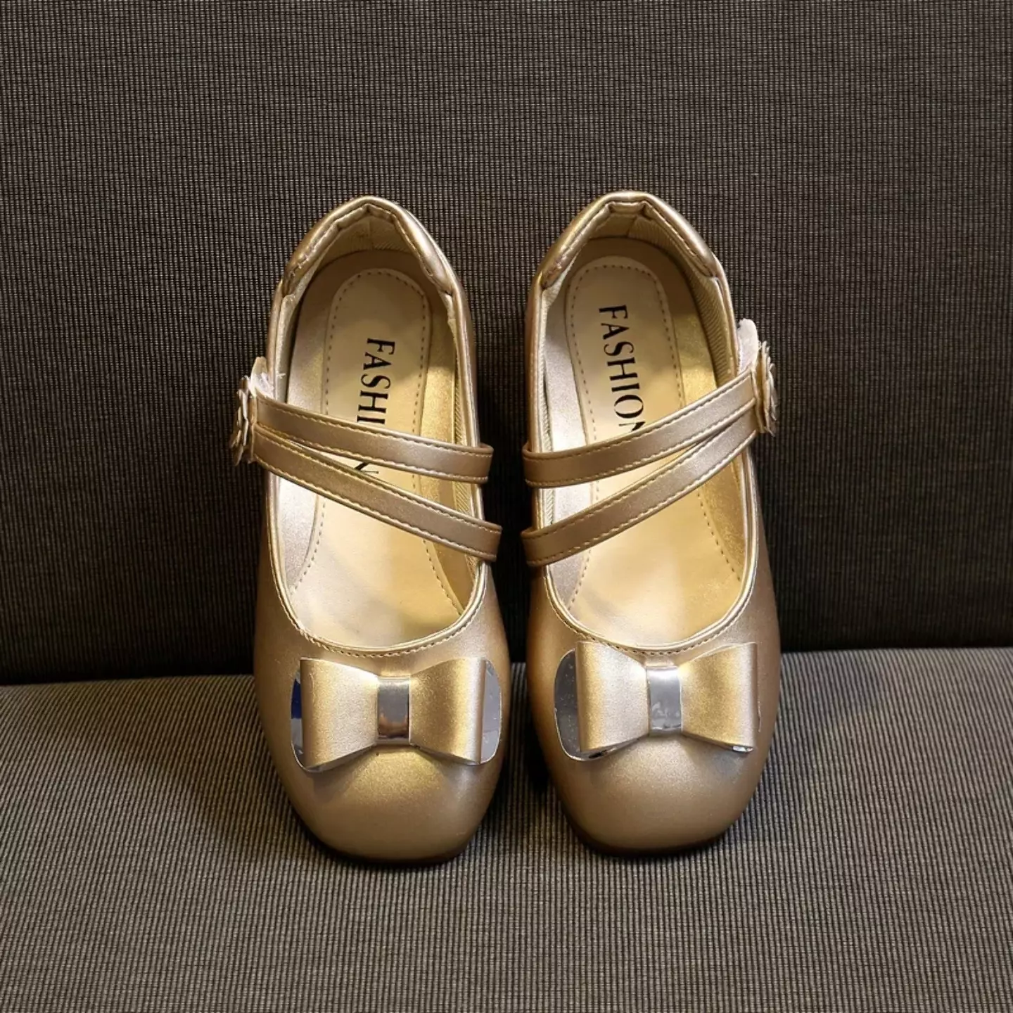 Young Girls & Girls Gold Double Strap Loop Bow Dress Shoes | Lucys 12026