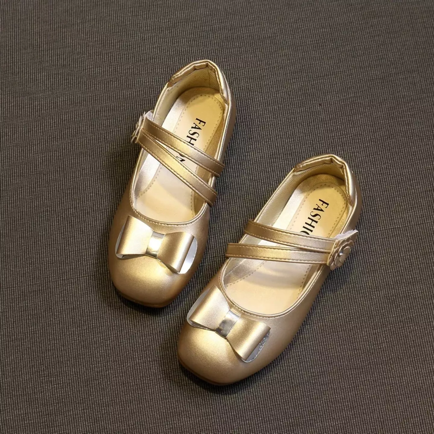 Young Girls & Girls Gold Double Strap Loop Bow Dress Shoes | Lucys 12026