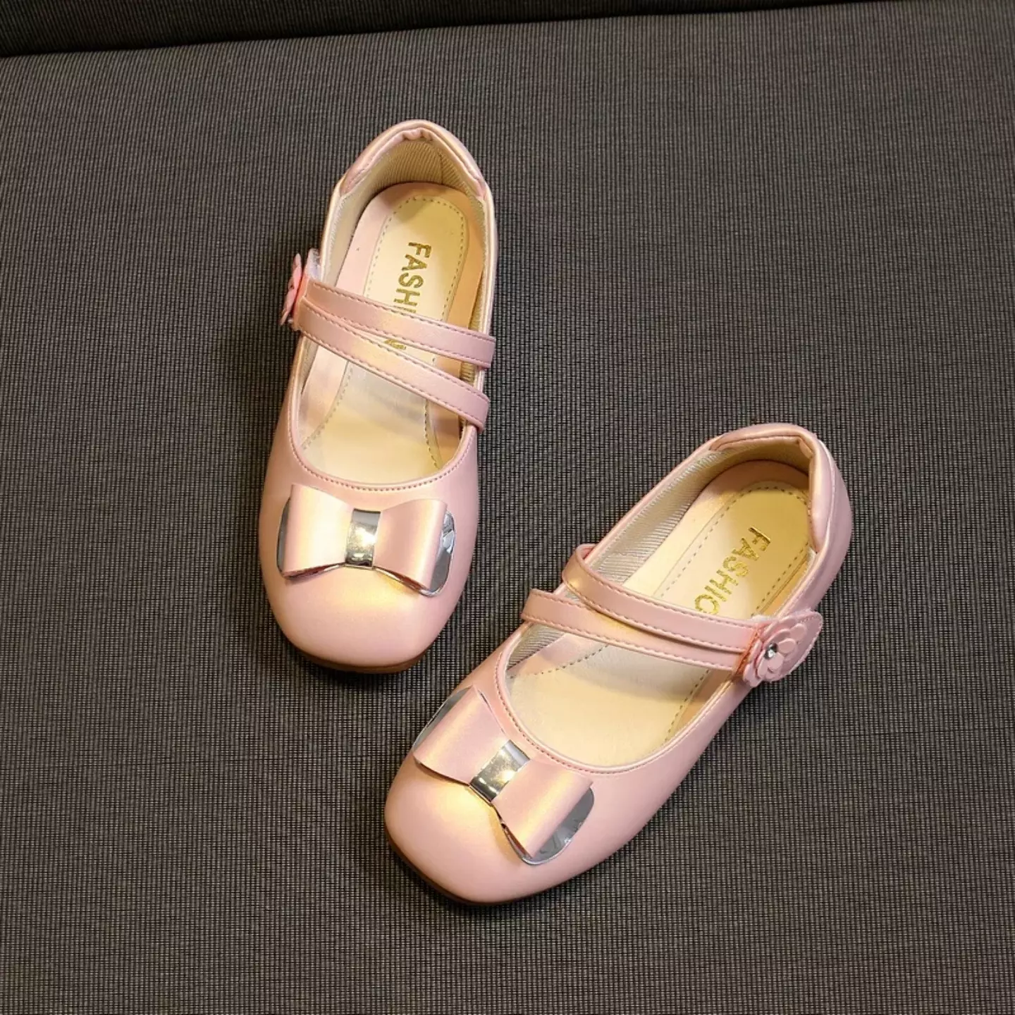 Young Girls & Girls Pink Double Strap Loop Bow Dress Shoes | Lucys 12025