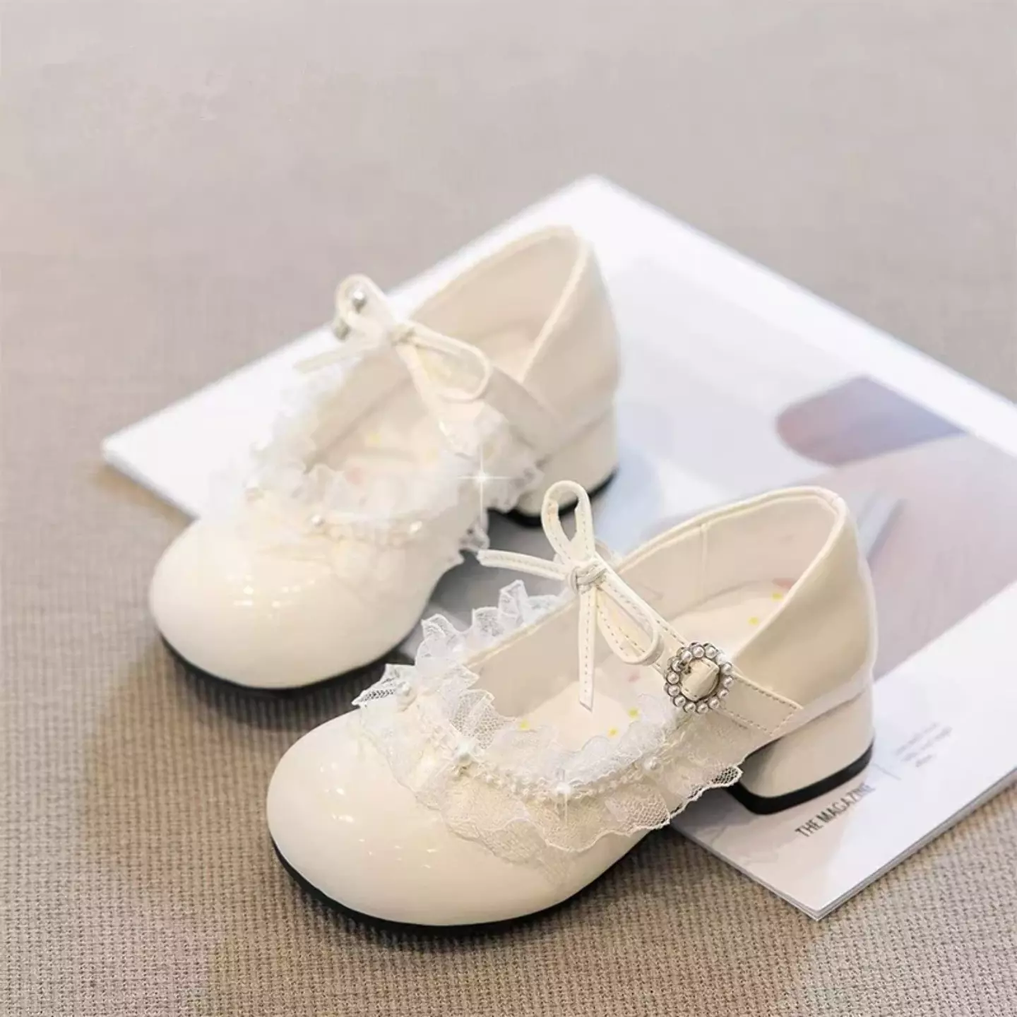 Young Girls & Girls Ivory Ruffle Trim Circle Buckle Dress Shoes | Lucys 12048