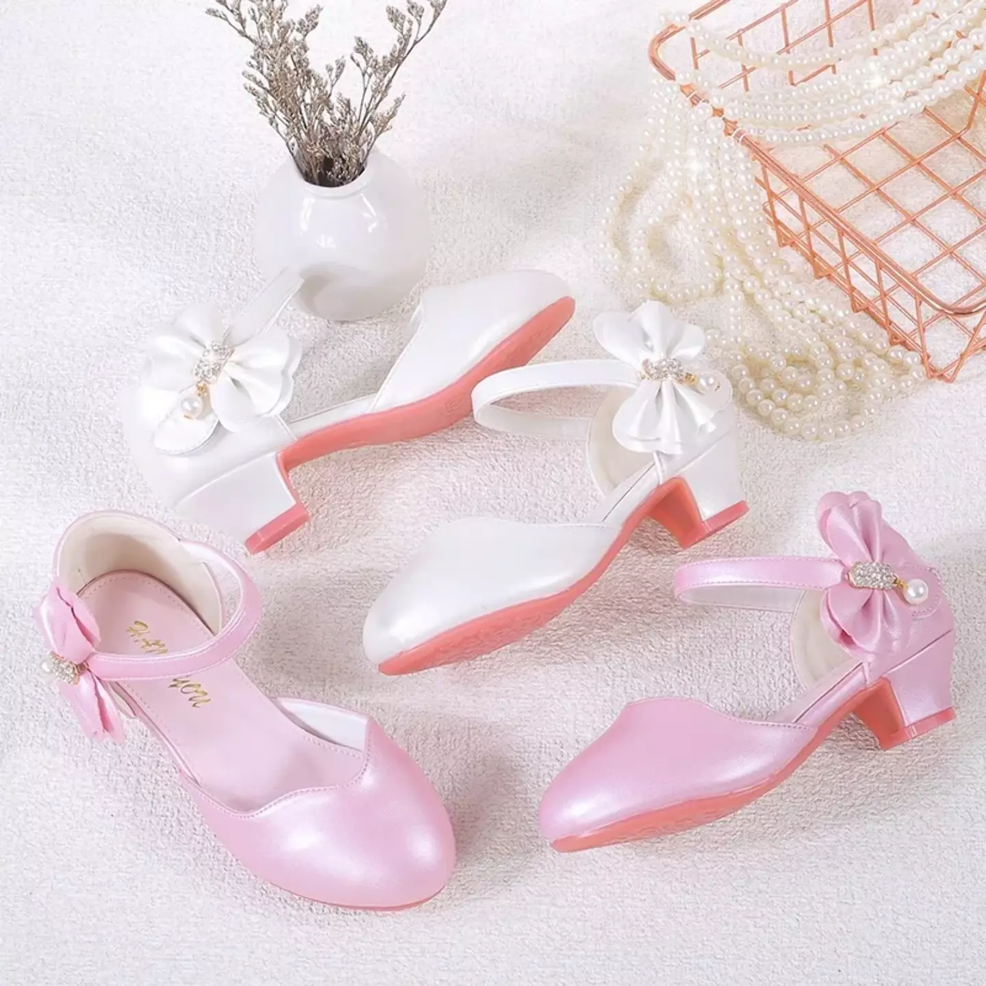 Young Girls & Girls Pink Pearl Drop Petal Bow Dress Shoes | Lucys 12060