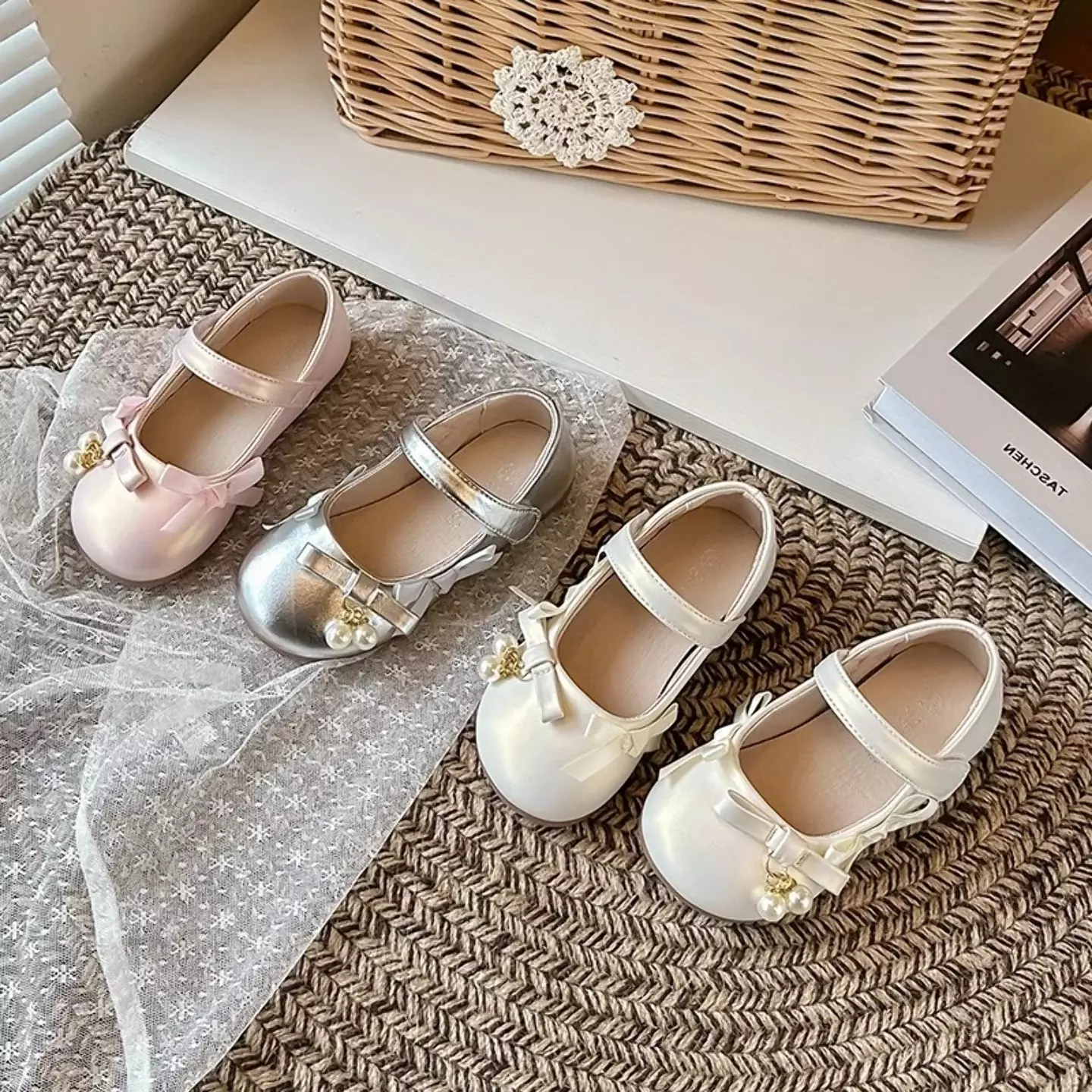 Baby, Toddler, Young Girls & Girls Ivory Twin Pearl Ribbon Bow Dress Flats | Lucys 12068