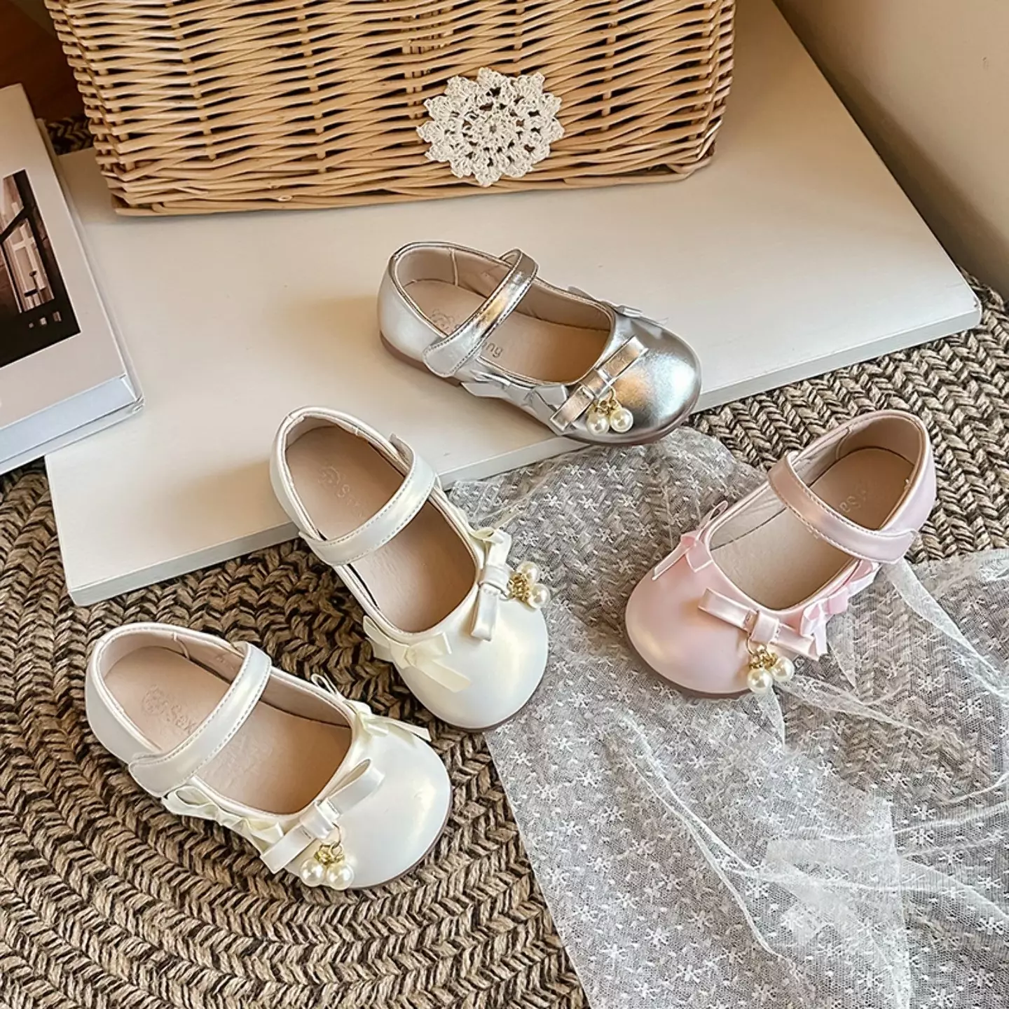 Baby, Toddler, Young Girls & Girls Ivory Twin Pearl Ribbon Bow Dress Flats | Lucys 12068