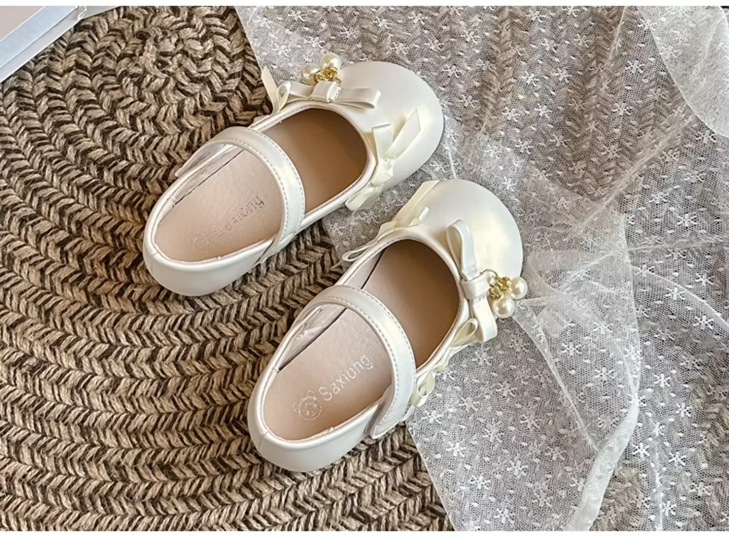 Baby, Toddler, Young Girls & Girls Ivory Twin Pearl Ribbon Bow Dress Flats | Lucys 12068
