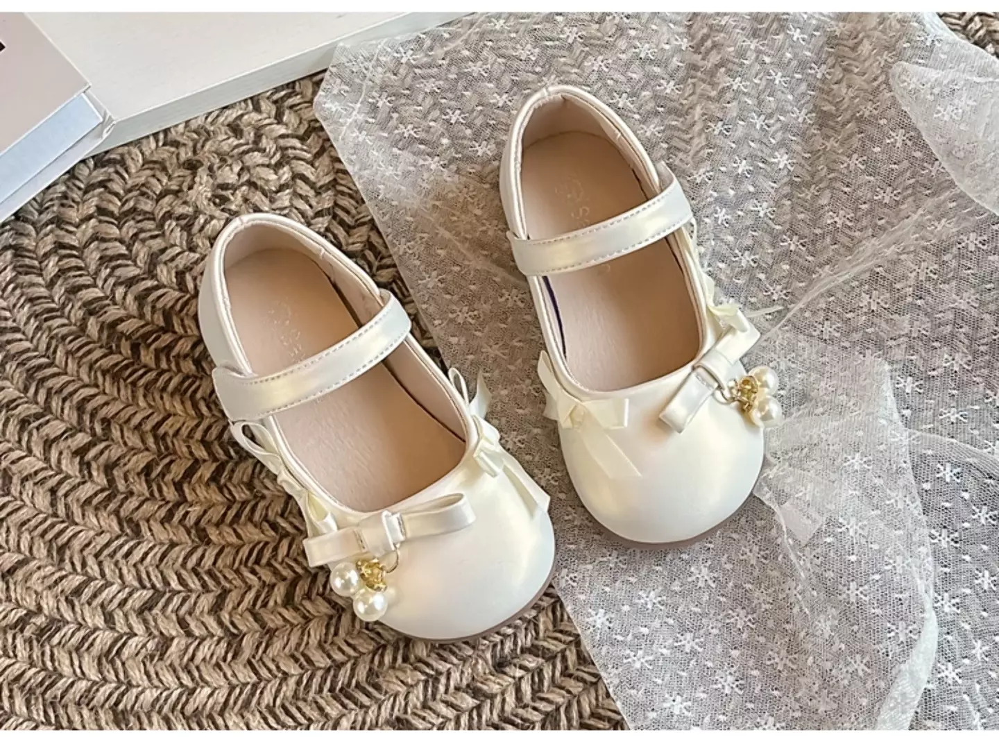 Baby, Toddler, Young Girls & Girls Ivory Twin Pearl Ribbon Bow Dress Flats | Lucys 12068