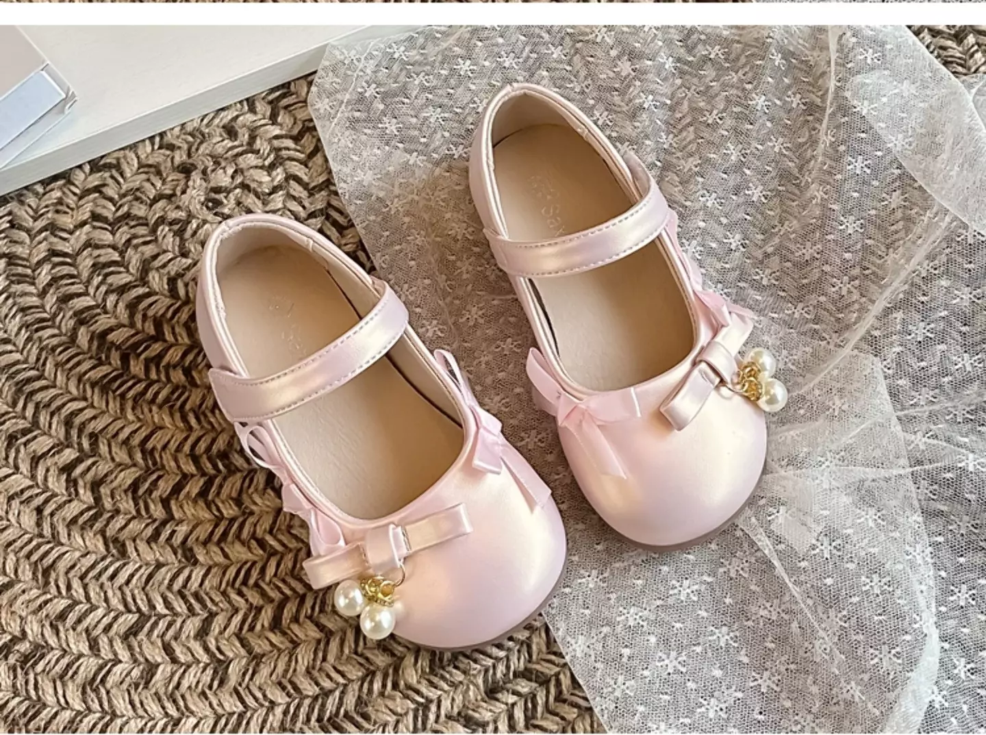 Baby, Toddler, Young Girls & Girls Pink Twin Pearl Ribbon Bow Dress Flats | Lucys 12069