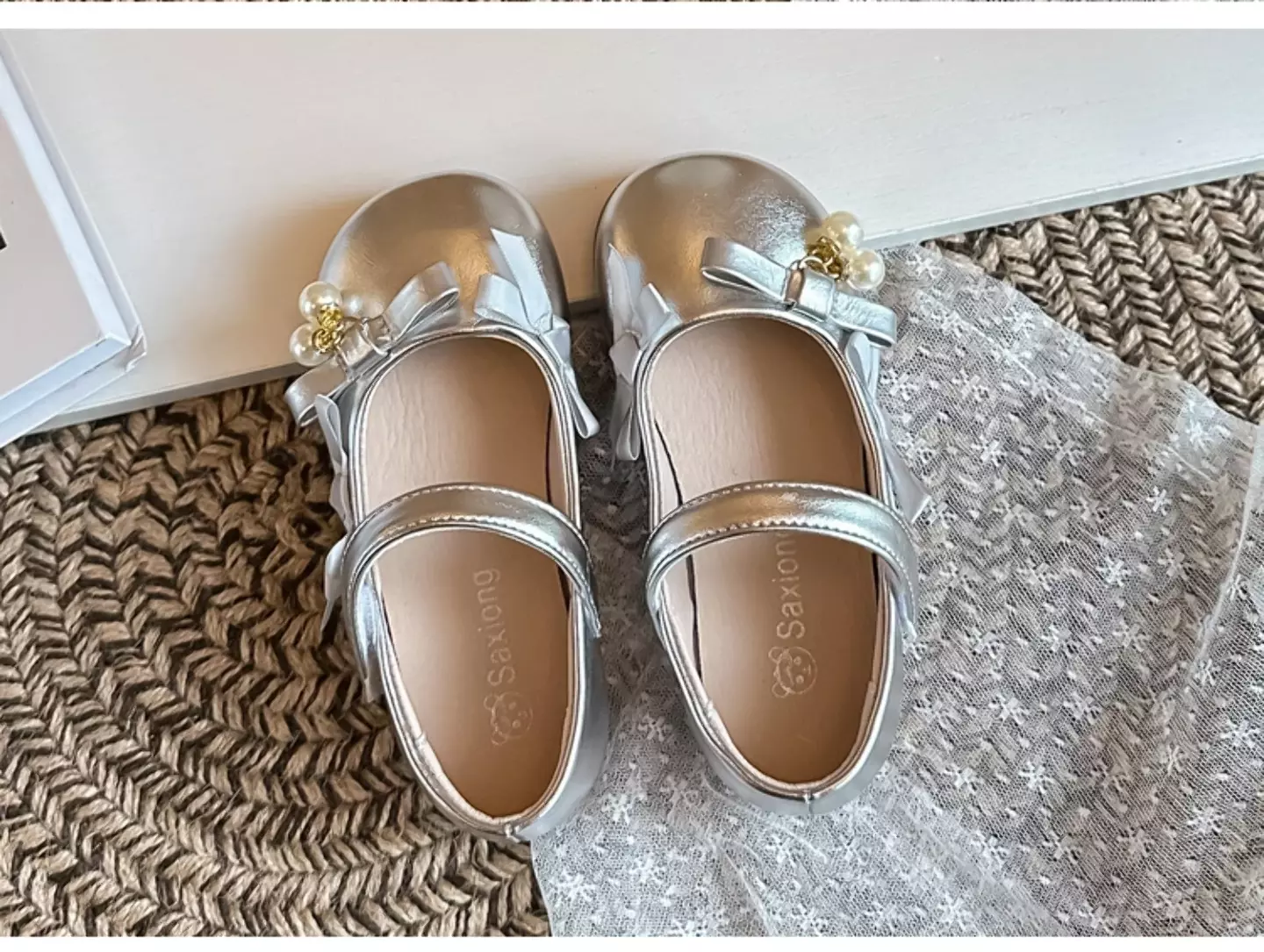 Baby, Toddler, Young Girls & Girls Silver Twin Pearl Ribbon Bow Dress Flats | Lucys 12070