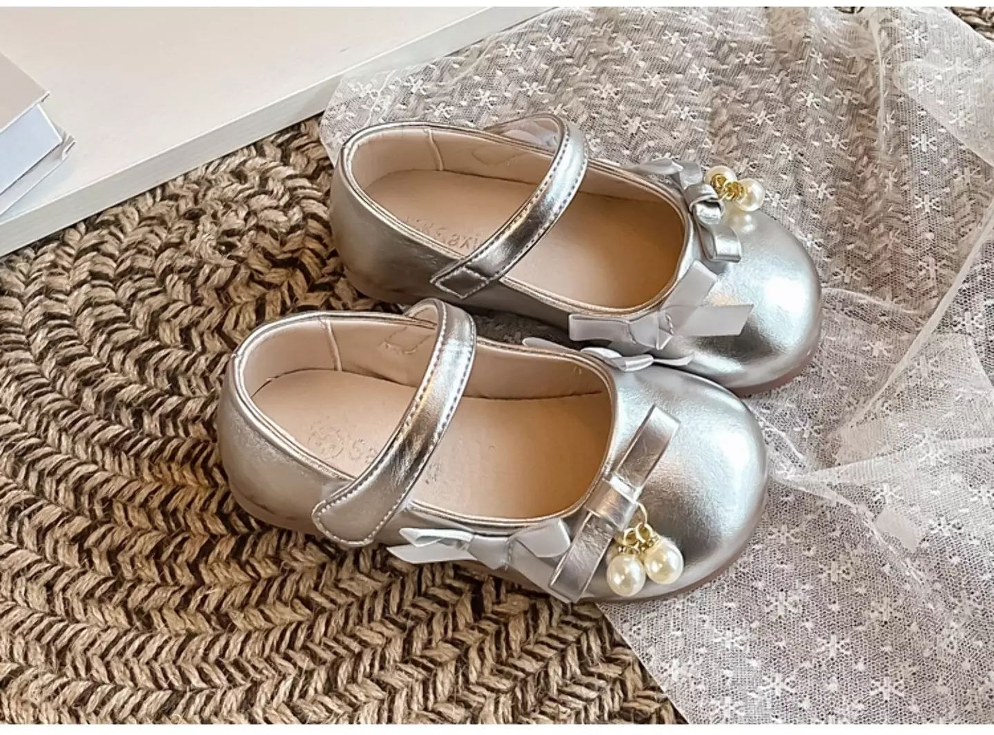 Baby, Toddler, Young Girls & Girls Silver Twin Pearl Ribbon Bow Dress Flats | Lucys 12070