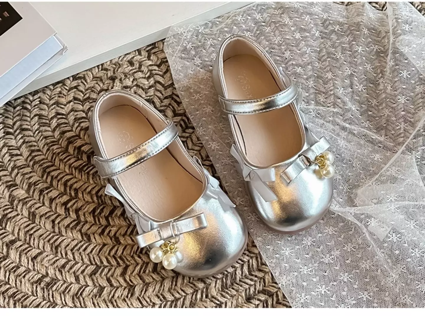Baby, Toddler, Young Girls & Girls Silver Twin Pearl Ribbon Bow Dress Flats | Lucys 12070