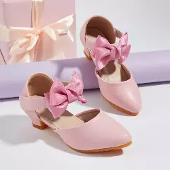 Young Girls & Girls Pink Layered Loop Bow Low Heel Dress Shoes | Lucys 12080