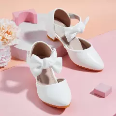 Young Girls & Girls White Layered Loop Bow Low Heel Dress Shoes | Lucys 12081