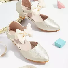 Young Girls & Girls Champagne Layered Loop Bow Low Heel Dress Shoes | Lucys 12082