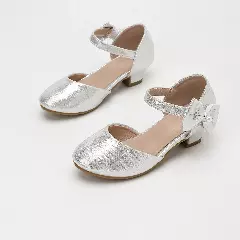 Young Girls & Girls Silver Angular Loop Side Bow Dress Shoes | Lucys 12092