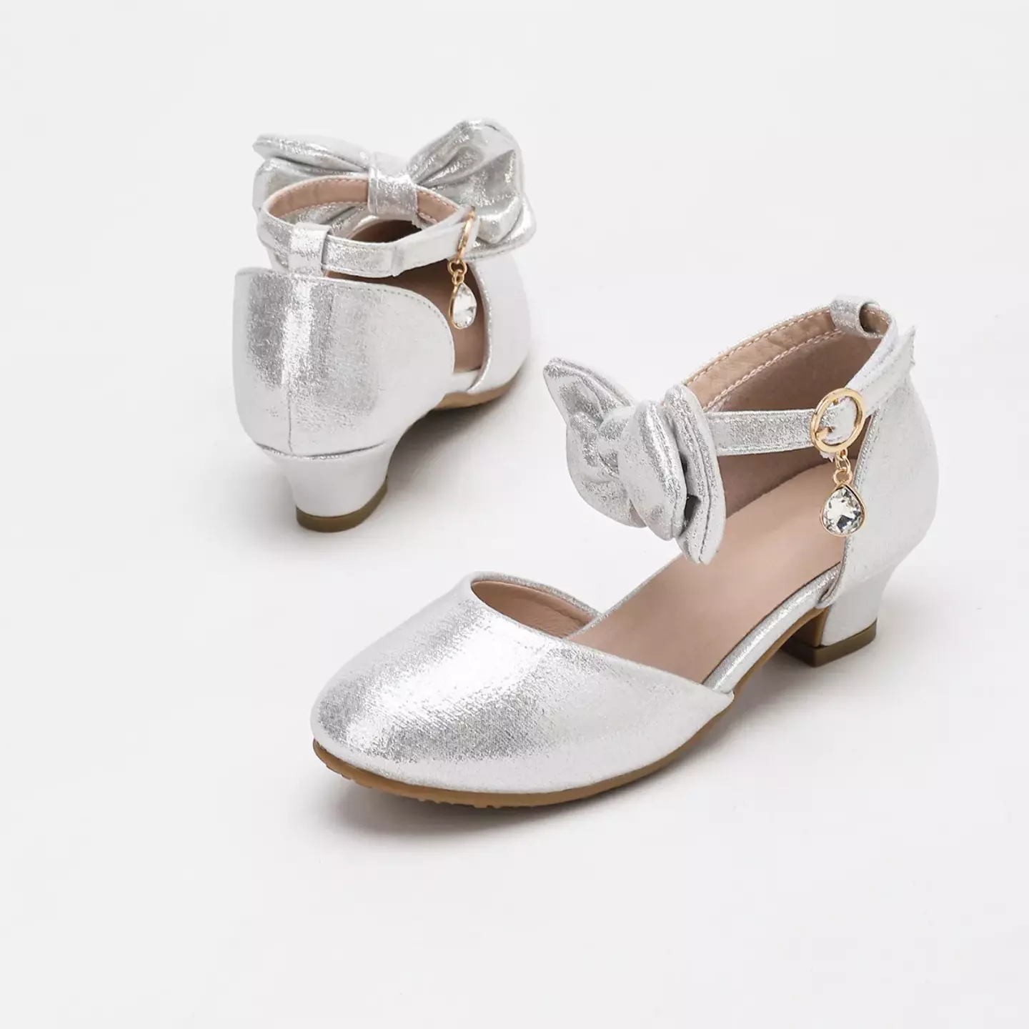 Young Girls & Girls Silver Front Bow Teardrop Charm Dress Shoes | Lucys 12104