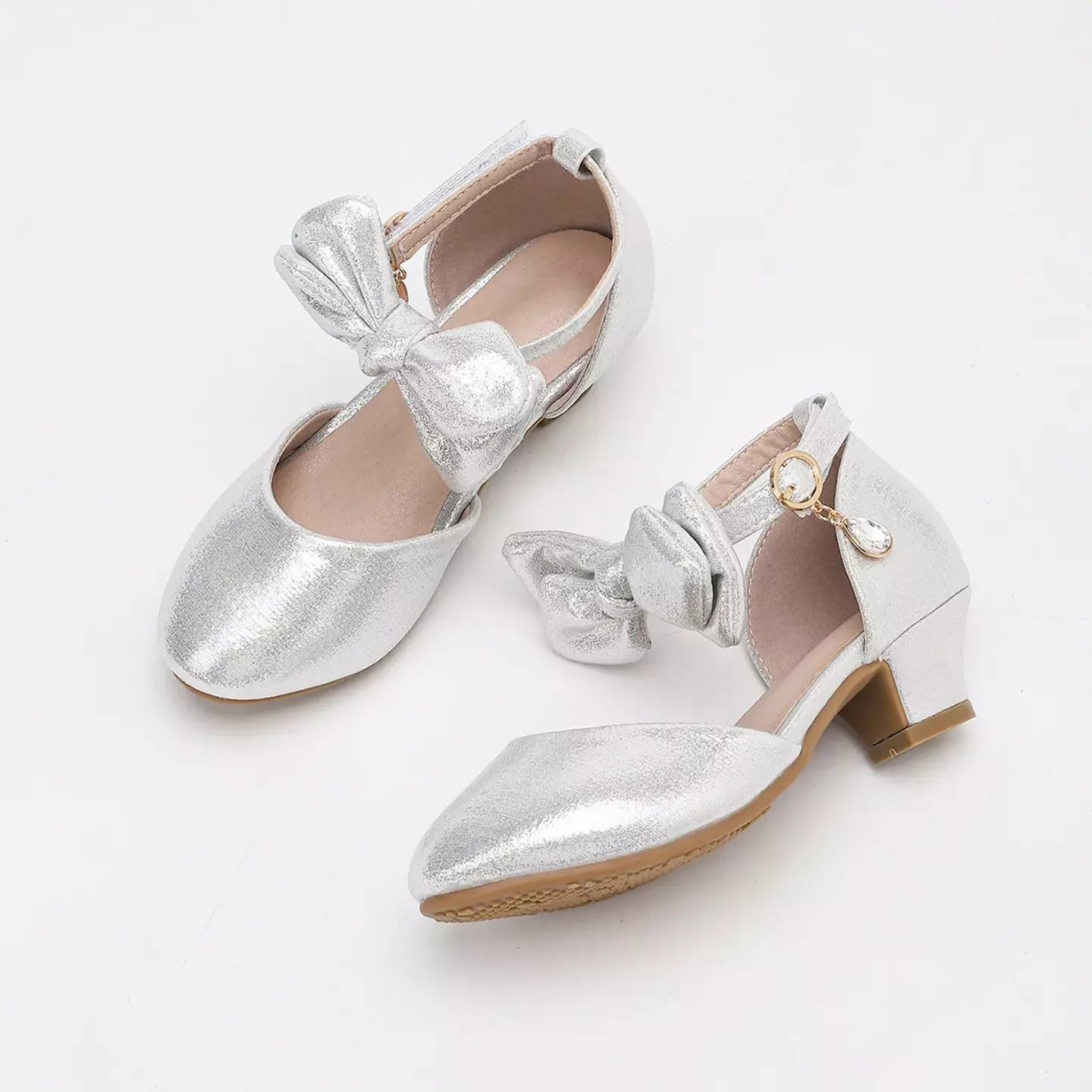 Young Girls & Girls Silver Front Bow Teardrop Charm Dress Shoes | Lucys 12104