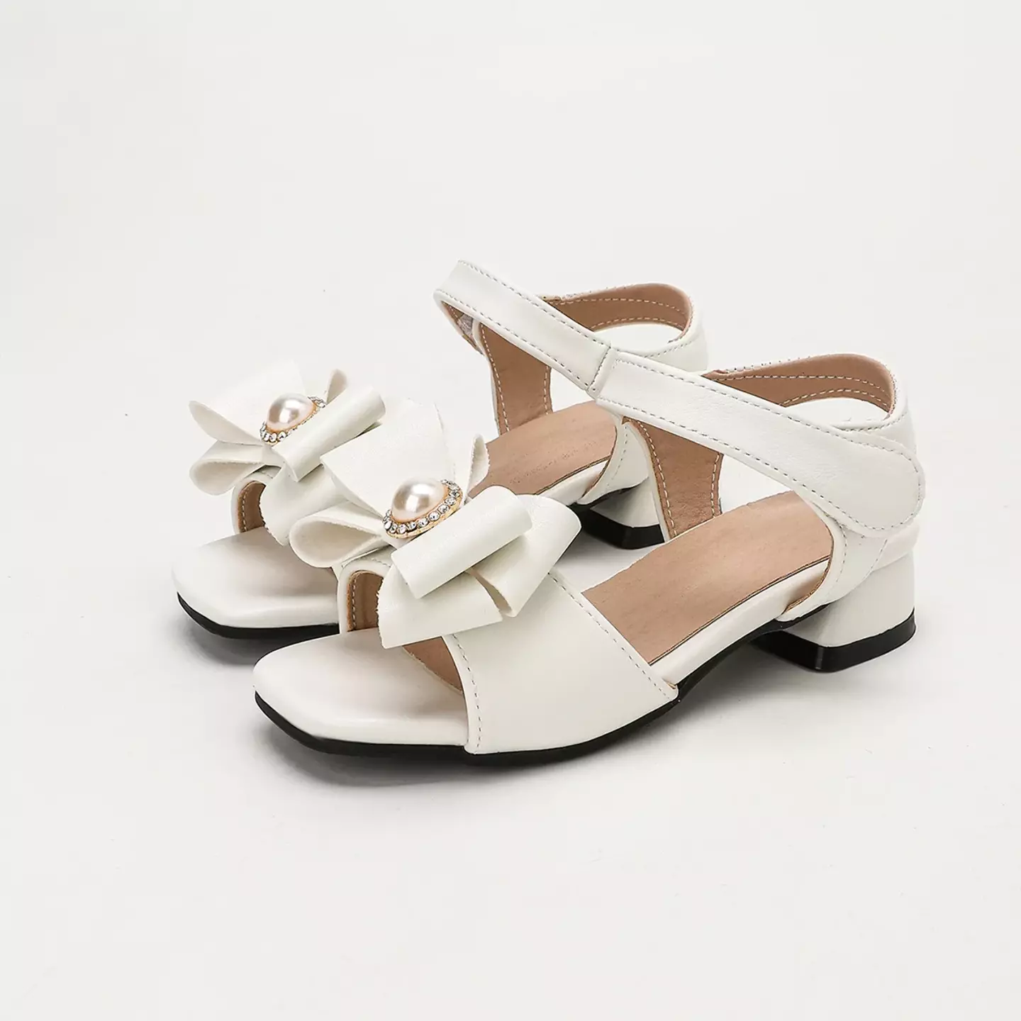 Young Girls & Girls White Pearl Ring Bow Contrast Heel Sandals | Lucys 12120